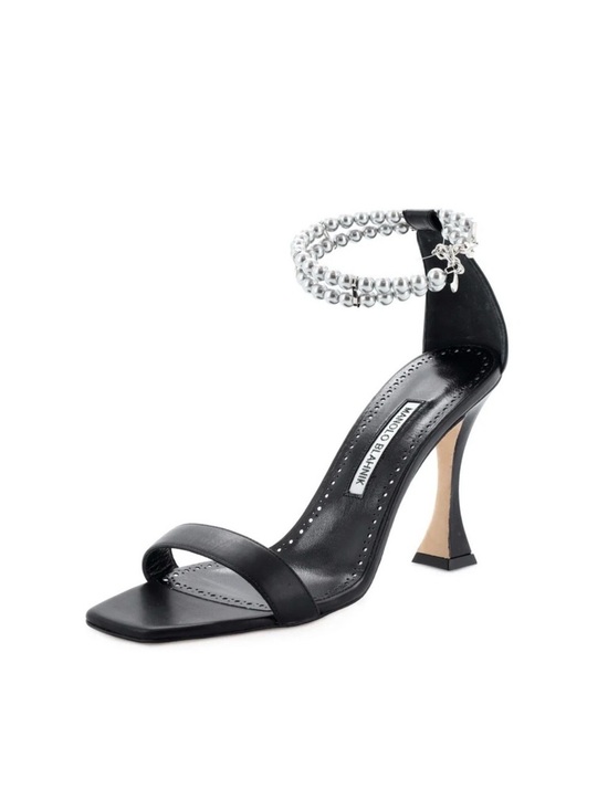 Manolo Blahnik Shoes - MANOLO BLAHNIK CHARONA black Leather Ankle-Strap Sandals, Silver faux pearls